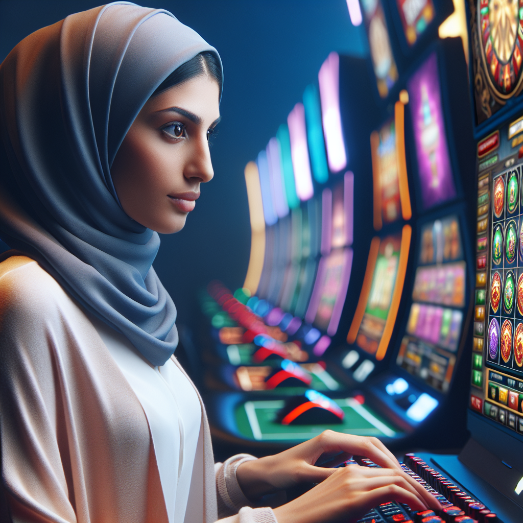 A focused gamer practicing strategy on an online casino platform with vibrant graphics showcasing various slot games in the background.