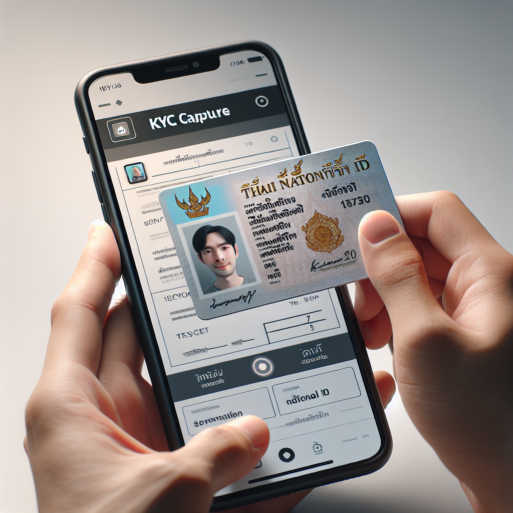 Photo realistic image of a hand-held smartphone showing an in-app KYC capture: clear Thai national ID in frame and a user taking a selfie holding the ID; bright neutral background, professional lighting, readable text on the ID, focus on device screen