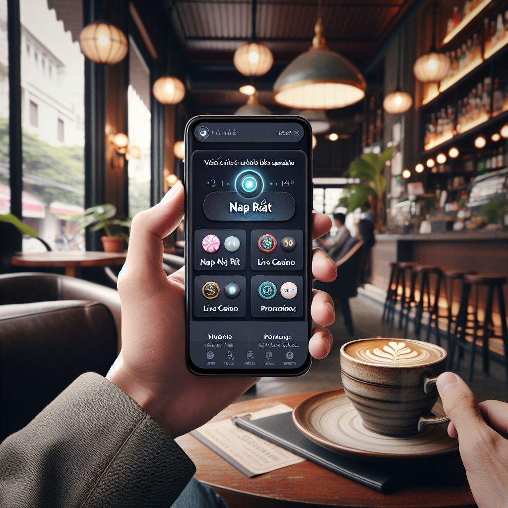Photo realistic image of a Vietnamese user holding a smartphone showing the God55 mobile app home screen in Vietnamese, with visible options for nap rút, live casino, and promotions; app UI modern and professional; background a coffee shop in Ho Chi Minh City; mood professional