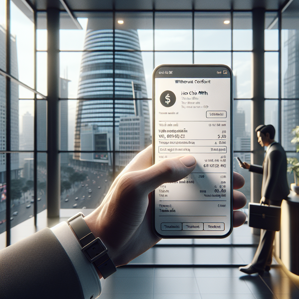 Photo realistic image of a Vietnamese user checking a withdrawal confirmation on a smartphone showing the God55 nap-rut page in Vietnamese, with visible timestamps and transaction ID; modern app UI, professional mood, indoor setting in Ho Chi Minh City