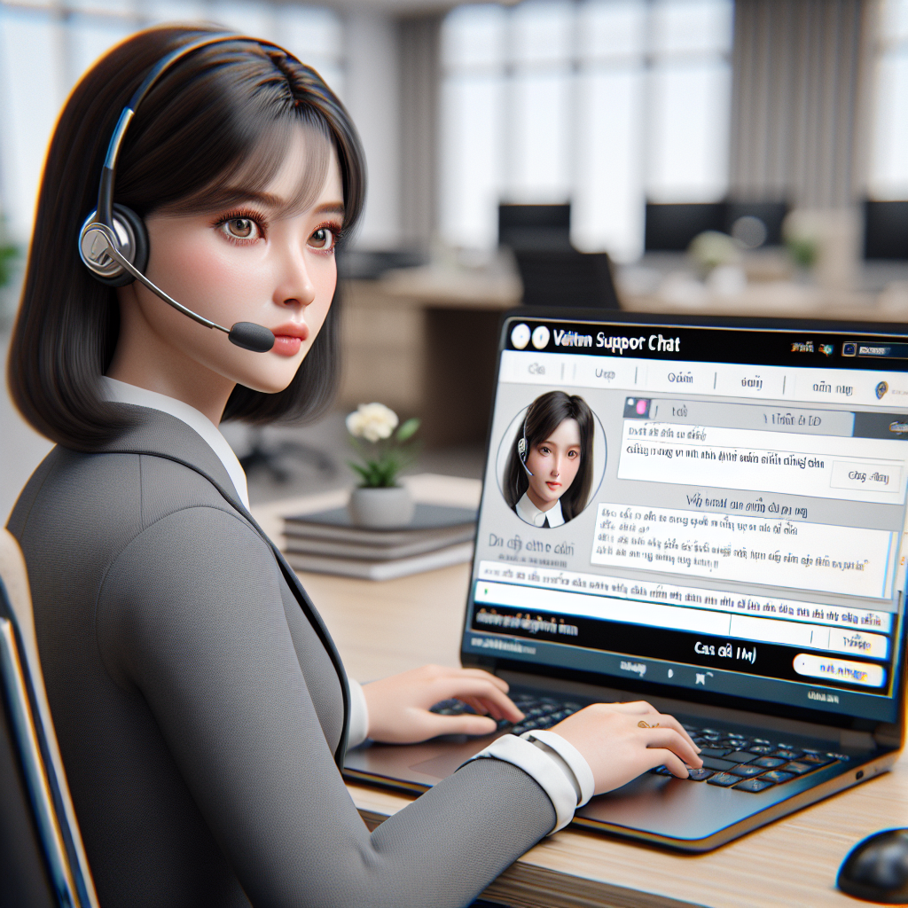 Photo realistic image of a Vietnamese customer support agent wearing a headset, looking at a laptop showing the God55 support chat in Vietnamese with visible case ID and transaction screenshot; office background, professional mood