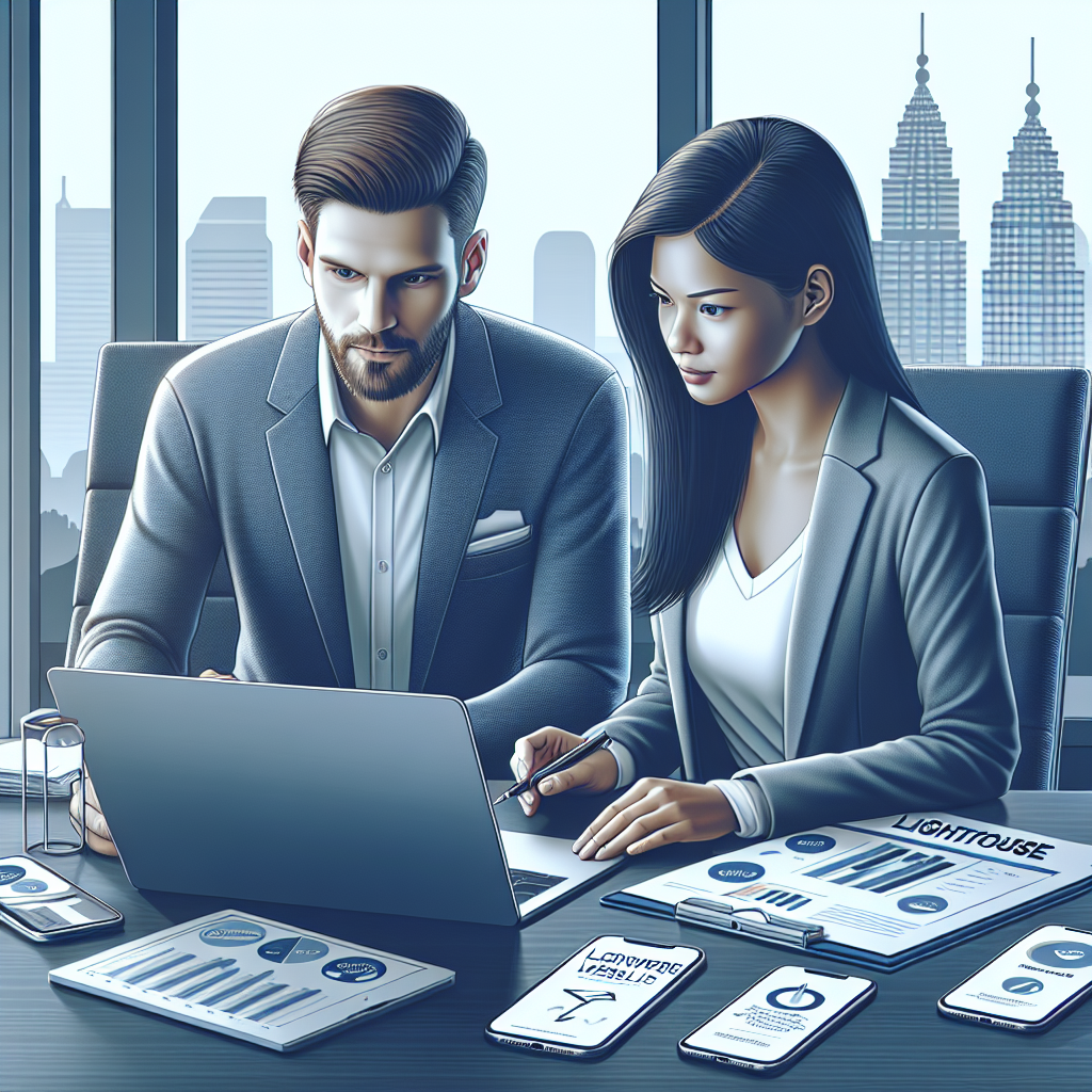 Photorealistic image of a developer and marketer reviewing Core Web Vitals reports on a laptop in a modern Kuala Lumpur office, mobile phones with Lighthouse results visible, professional mood
