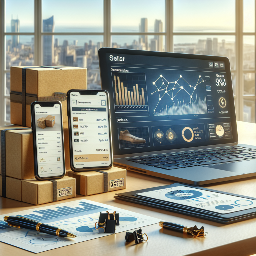 Photorealistic image of a seller dashboard and two mobile phones showing Shopee and Lazada product listing pages side by side, a laptop with analytics charts in the background and a Kuala Lumpur cityscape window, professional mood
