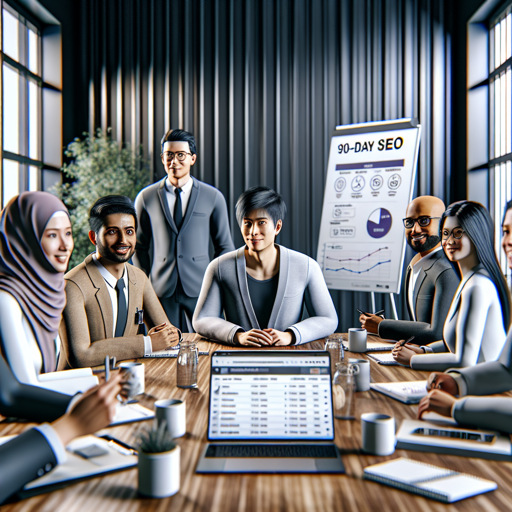 Photorealistic image of a small Malaysian SME team in a meeting room mapping a 90-day SEO checklist on a whiteboard, laptop showing analytics, and a smartphone with Google Business Profile visible, professional mood