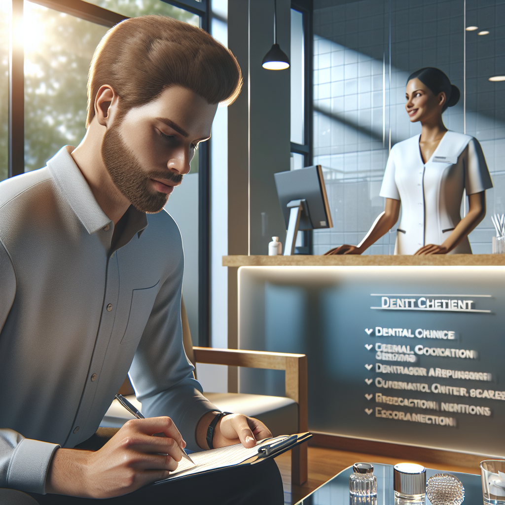 Photorealistic image of a patient filling a short checklist in a dental clinic waiting area, clear signage for dental services visible, friendly receptionist in the background, natural lighting, professional mood
