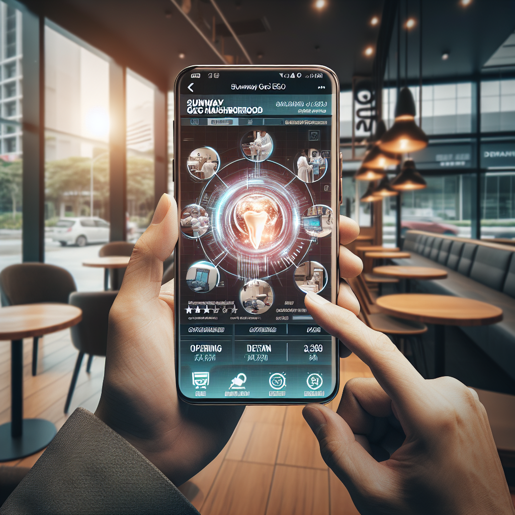 Photorealistic image of a person using a smartphone to view a Google Business Profile for a dental clinic, screen shows clinic photos, opening hours, and reviews; cafe style background suggesting Sunway Geo neighbourhood; professional, informative mood