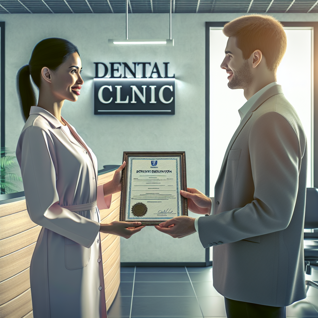 Photorealistic image of a clinic receptionist showing a framed dentist registration certificate to a patient, clear signage saying Dental Clinic in the background, natural lighting, professional and reassuring mood