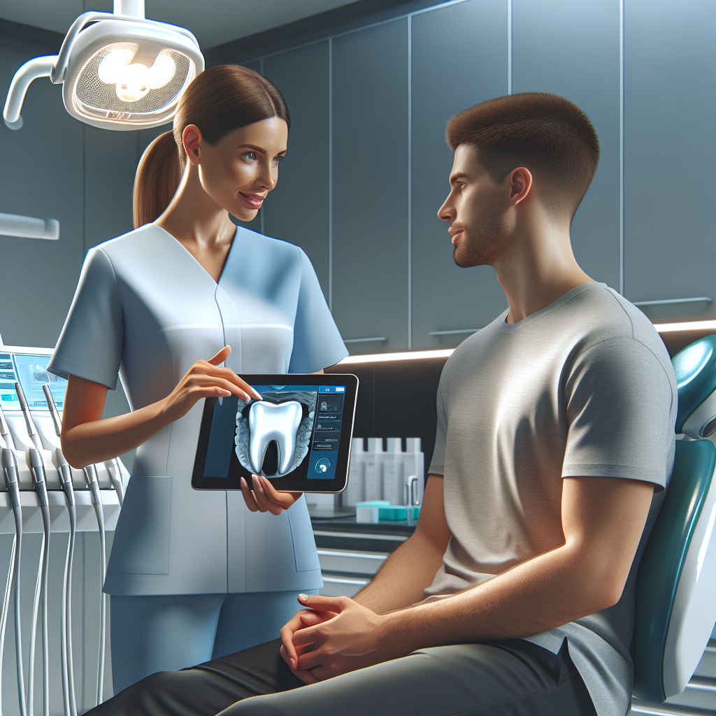 Photorealistic image of a modern dental operatory showing a digital intraoral scanner, a dentist explaining a digital scan to a patient on a tablet, well-lit clinical setting, professional and reassuring mood