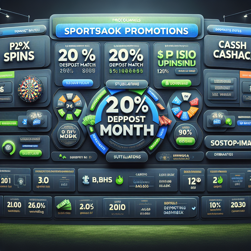 Photo-realistic screenshot-style image of a sportsbook promotions dashboard showing a 100% deposit m