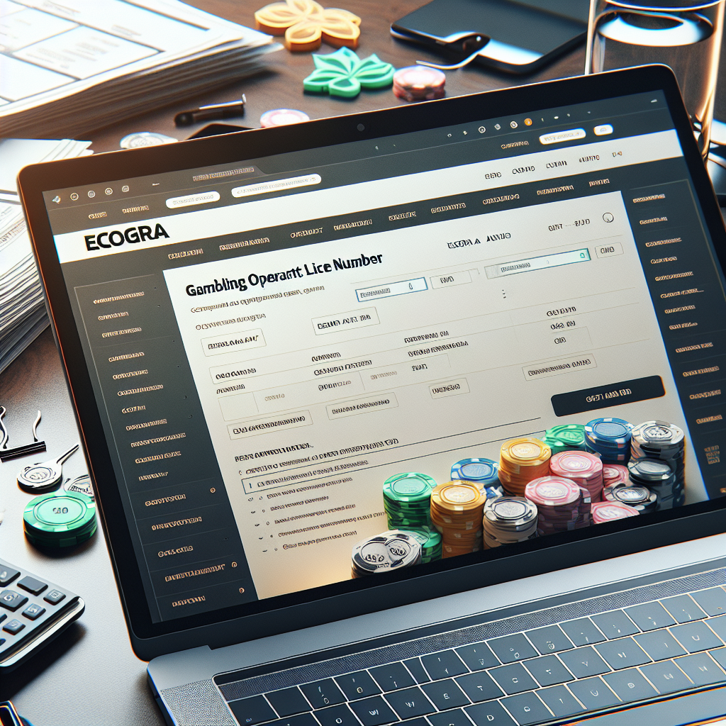 Close-up photo of a laptop screen showing a gambling operator licence number on a regulator website