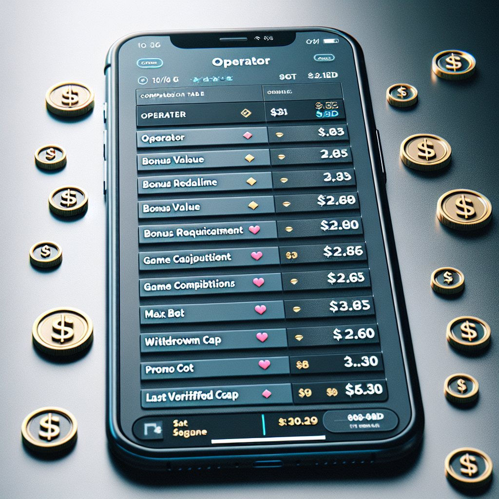 Mobile-first comparison table screenshot showing columns for operator, bonus headline, bonus value